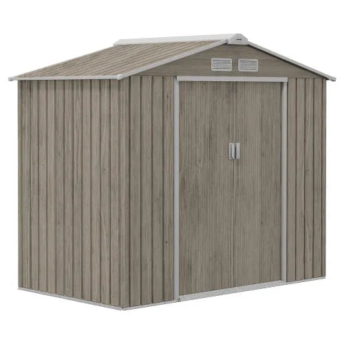 7x4ft Metal Garden Storage Shed - Galvanised Outdoor Tool Shed with Ventilation Slots and Sliding Doors, Grey