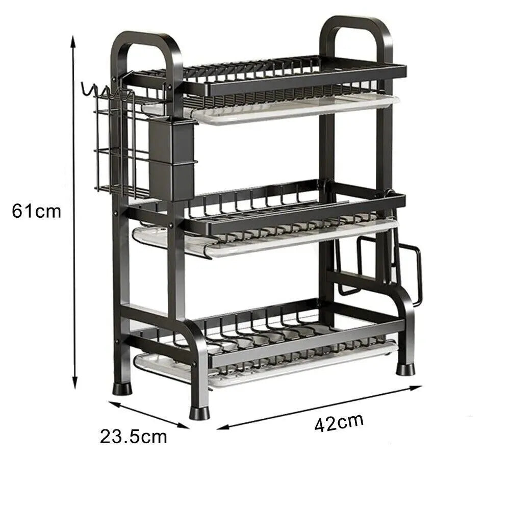3 Tier Dish Drainer Rack With Drip Tray Cutlery Holder - Mel Store