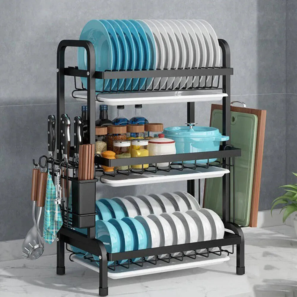 3 Tier Dish Drainer Rack With Drip Tray Cutlery Holder - Mel Store