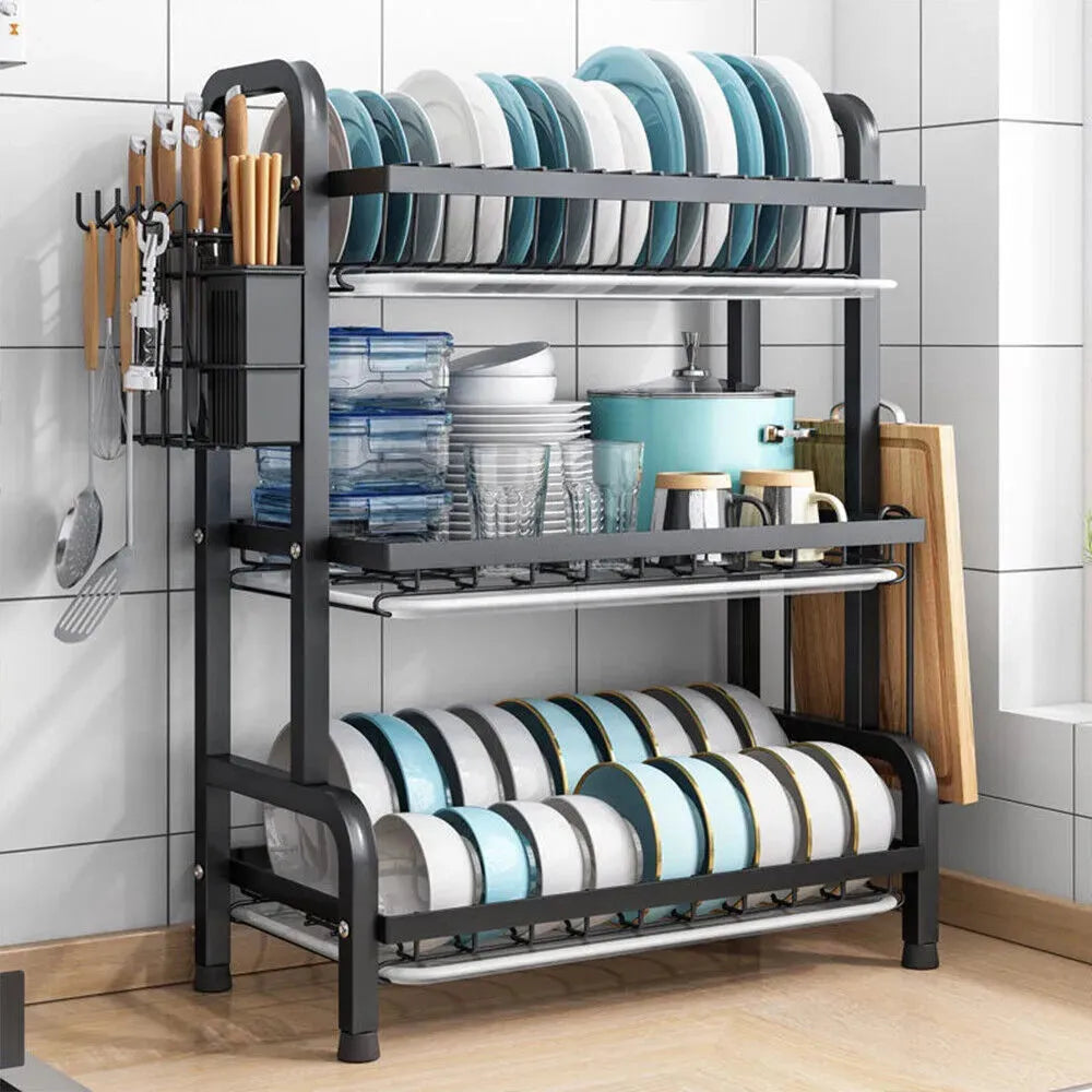 3 Tier Dish Drainer Rack With Drip Tray Cutlery Holder - Mel Store