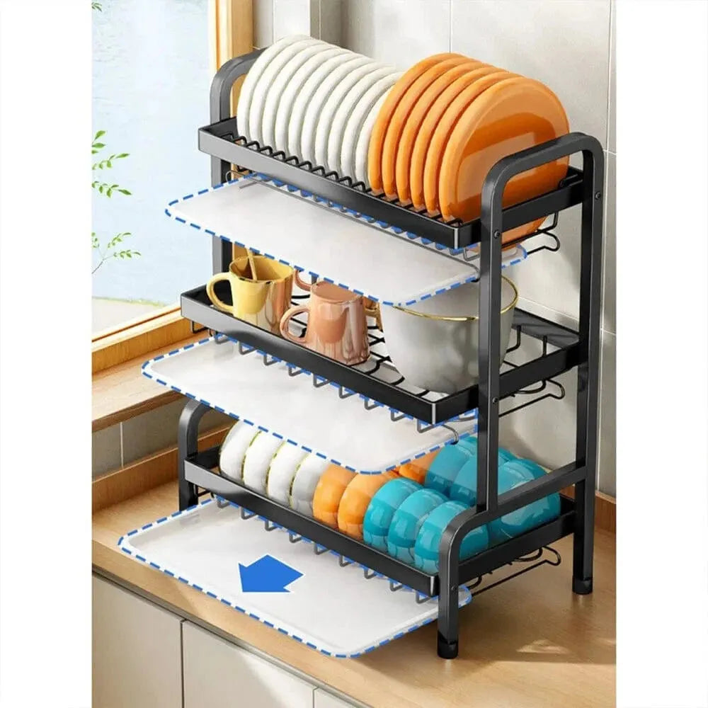 3 Tier Dish Drainer Rack With Drip Tray Cutlery Holder - Mel Store
