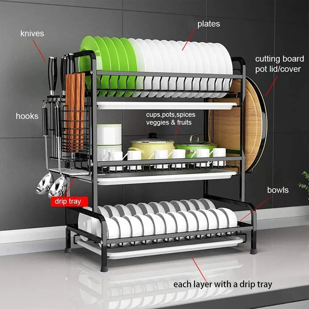 3 Tier Dish Drainer Rack With Drip Tray Cutlery Holder - Mel Store