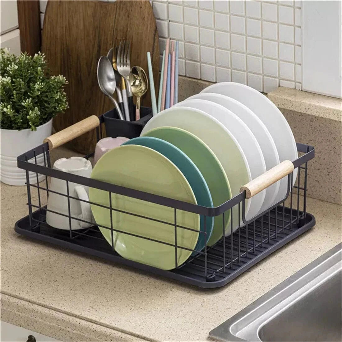 Black Dish Drainer Rack with Drip Tray, Cutlery Holder, and Large Capacity for Kitchen Sink - Mel Store