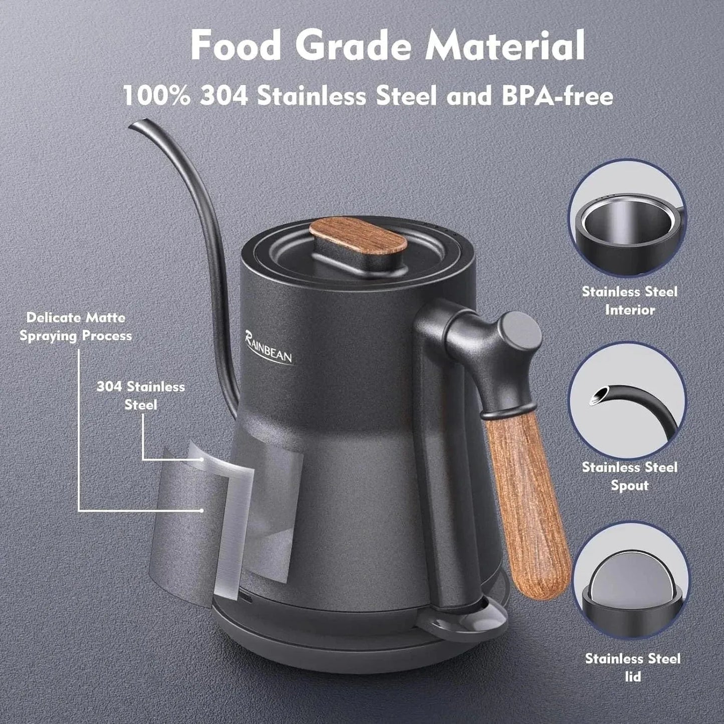 Gooseneck Electric Kettle for Perfect Pour Over Coffee and Tea, Stainless Steel Inner, Rapid Heating, Auto Shutoff UK - Mel Store