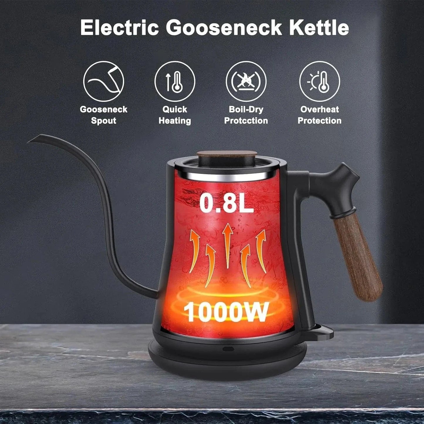 Gooseneck Electric Kettle for Perfect Pour Over Coffee and Tea, Stainless Steel Inner, Rapid Heating, Auto Shutoff UK - Mel Store