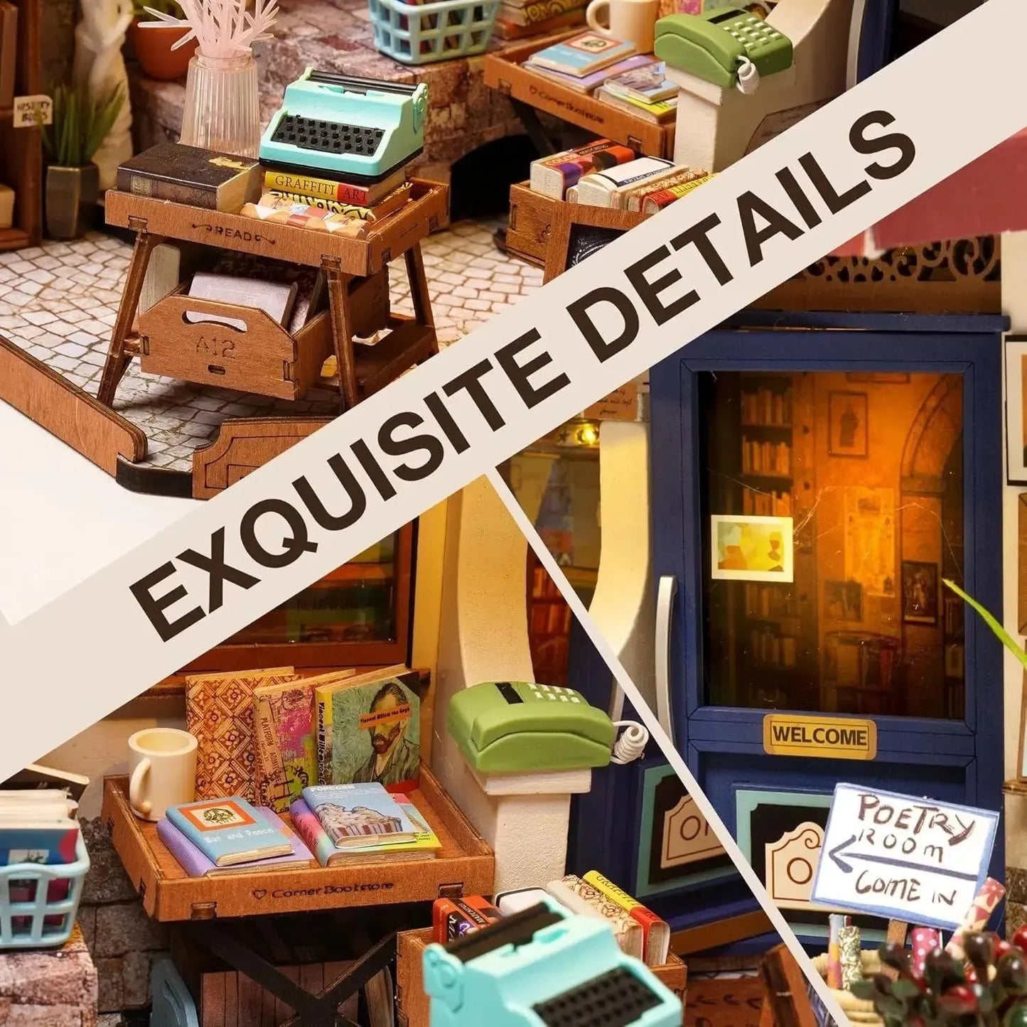 ROBOTIME Miniature House Kit - Corner Bookstore Wooden Dollhouse Model Building Kit with LED - Mel Store
