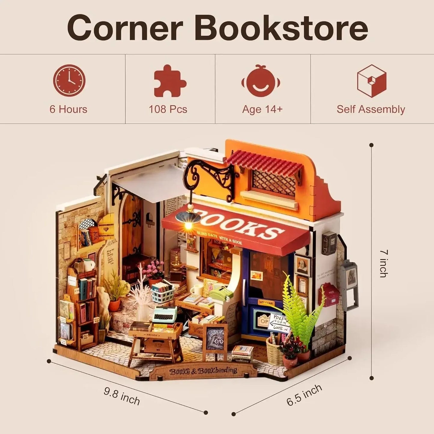 ROBOTIME Miniature House Kit - Corner Bookstore Wooden Dollhouse Model Building Kit with LED - Mel Store