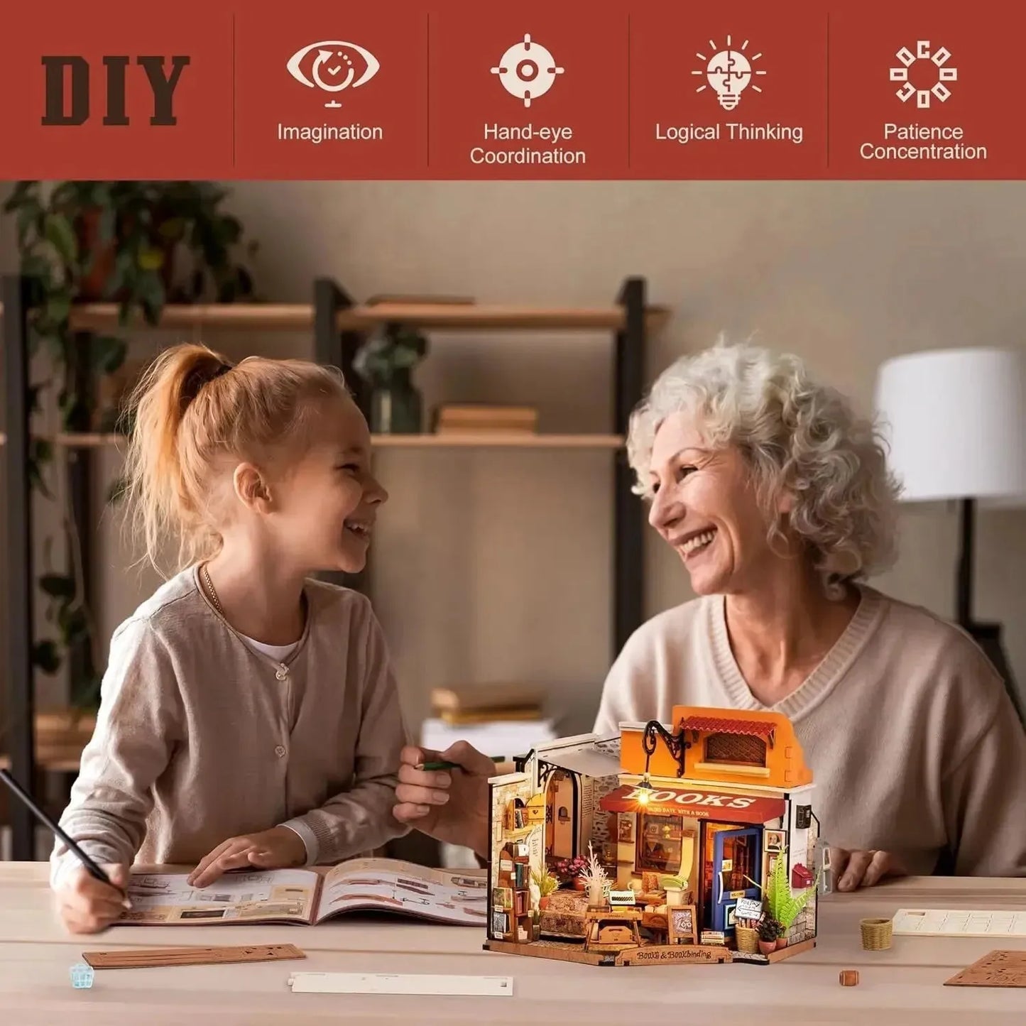 ROBOTIME Miniature House Kit - Corner Bookstore Wooden Dollhouse Model Building Kit with LED - Mel Store