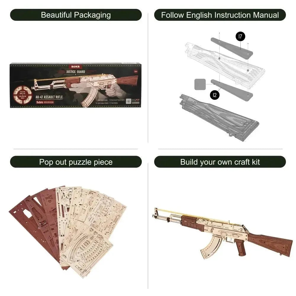 Rokr AK-47 Wooden Puzzle Gun - Automatic Rifle Double Firing Model Gift for Boys - Mel Store