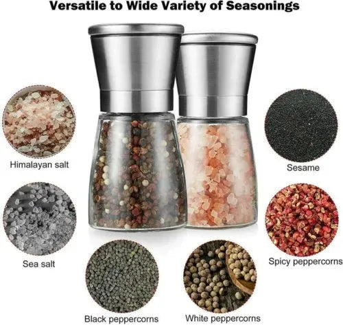 Pepper and Salt Grinder Set - 2x Adjustable Stainless Steel Mill Shakers for Coarse Grinding - Mel Store