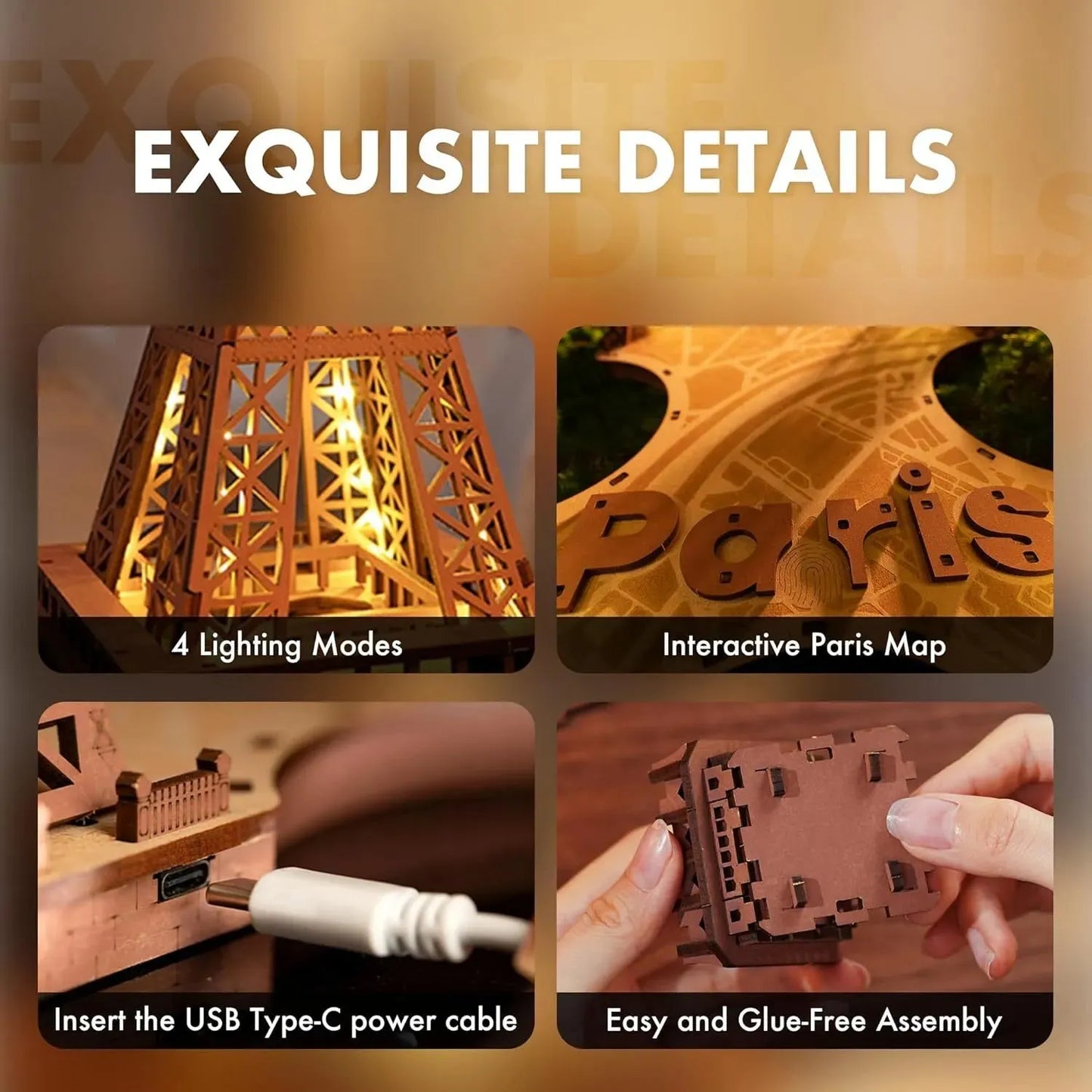 ROBOTIME Rolife Eiffel Tower Wooden Puzzle TGL01 with 4 Light Shows - Perfect Gift - Mel Store
