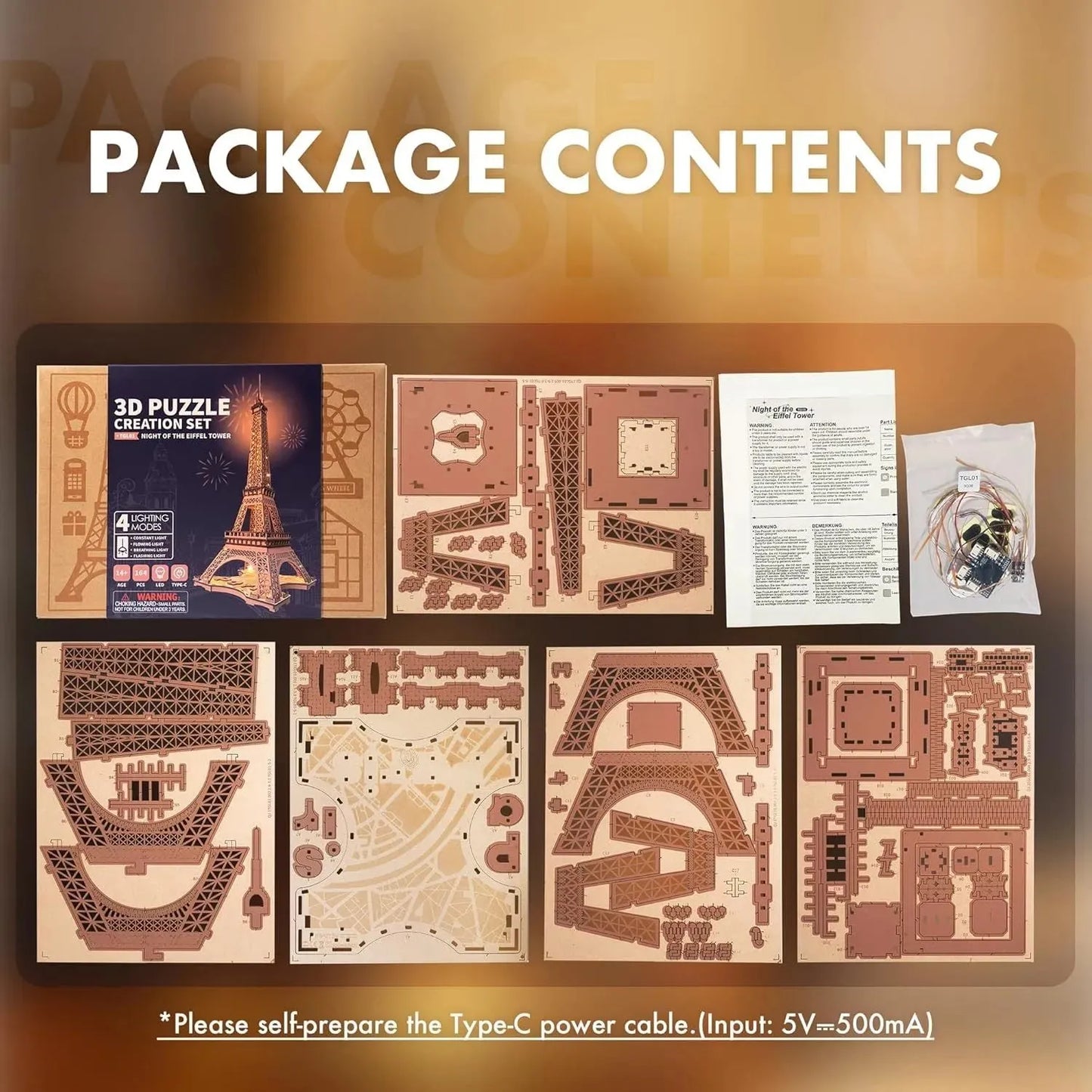 ROBOTIME Rolife Eiffel Tower Wooden Puzzle TGL01 with 4 Light Shows - Perfect Gift - Mel Store