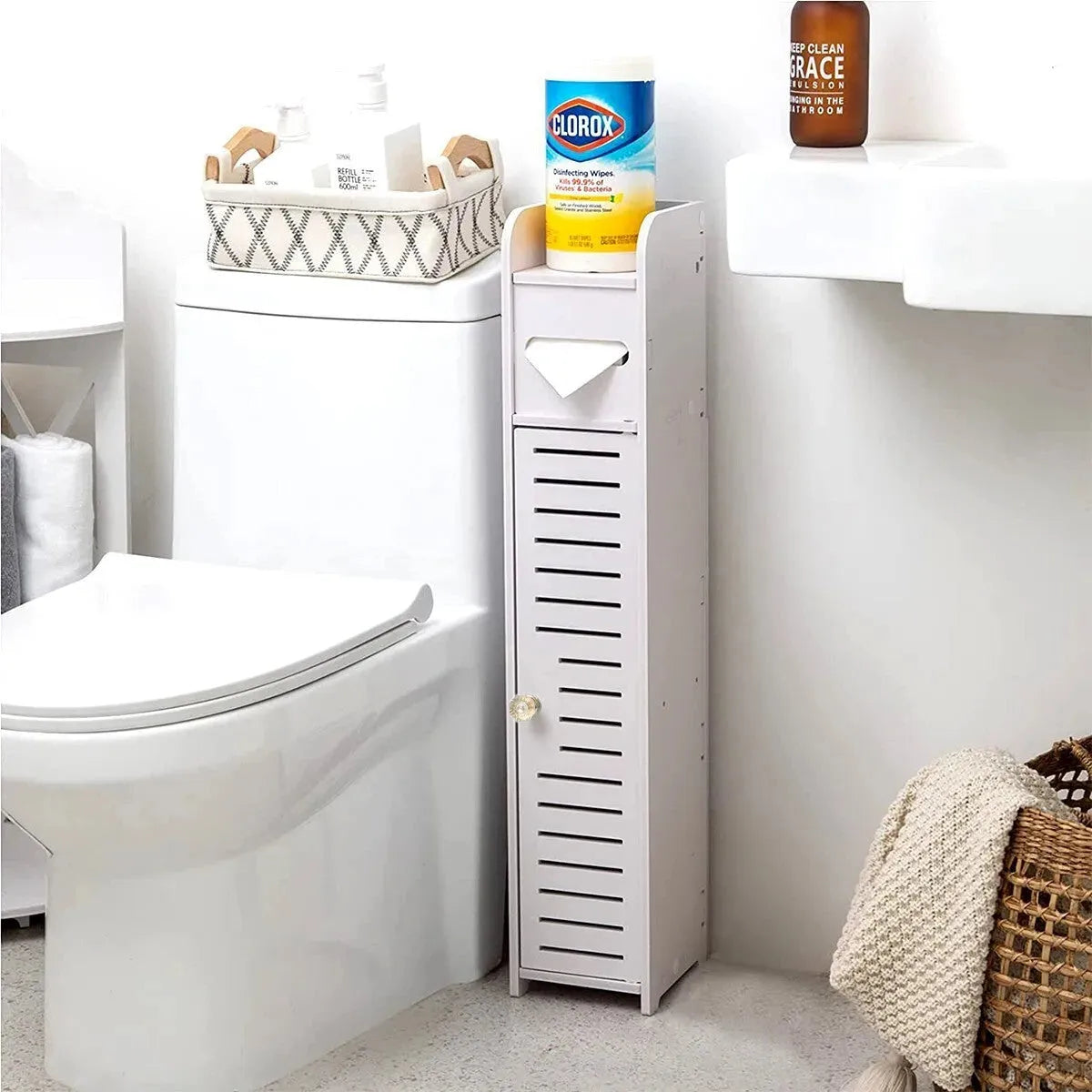 Wooden Toilet Paper Holder Freestanding Bathroom Storage Cabinet - Mel Store