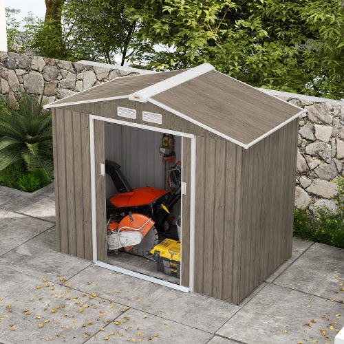 7x4ft Metal Garden Storage Shed - Galvanised Outdoor Tool Shed with Ventilation Slots and Sliding Doors, Grey