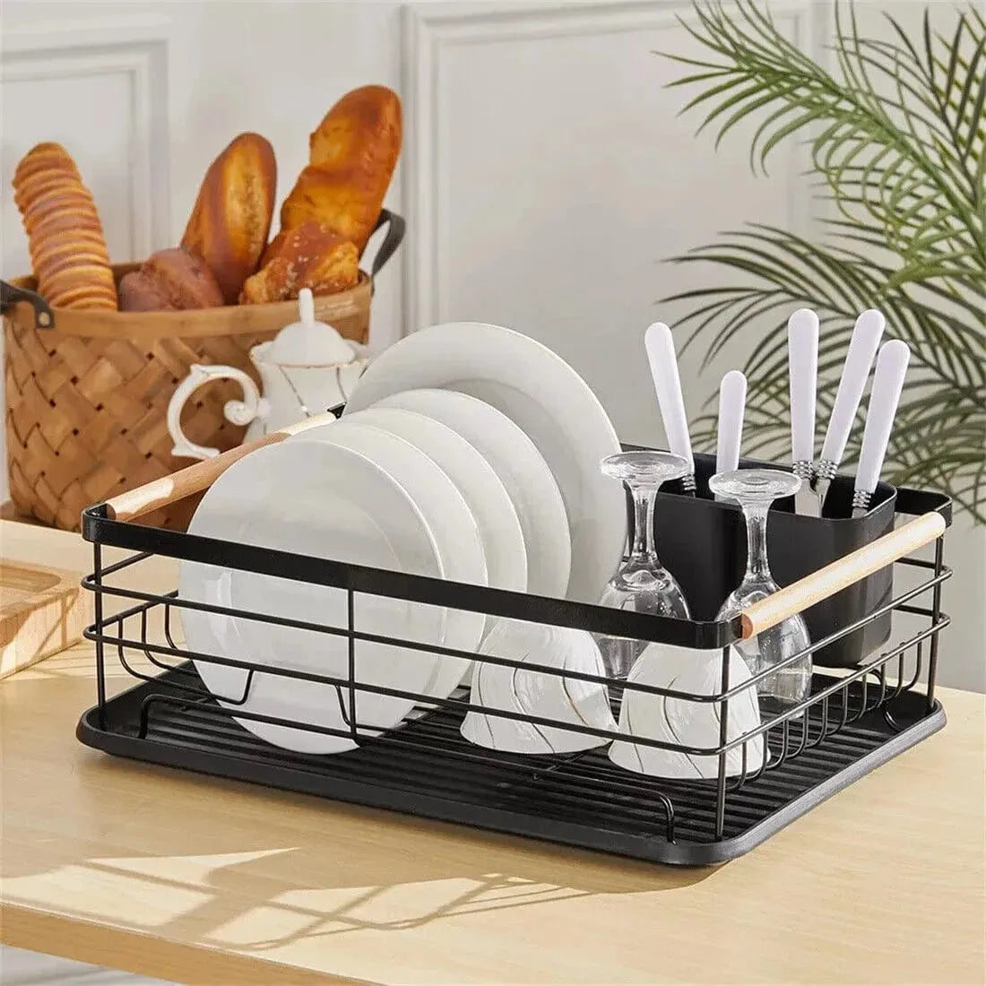 Black Dish Drainer Rack with Drip Tray, Cutlery Holder, and Large Capacity for Kitchen Sink - Mel Store
