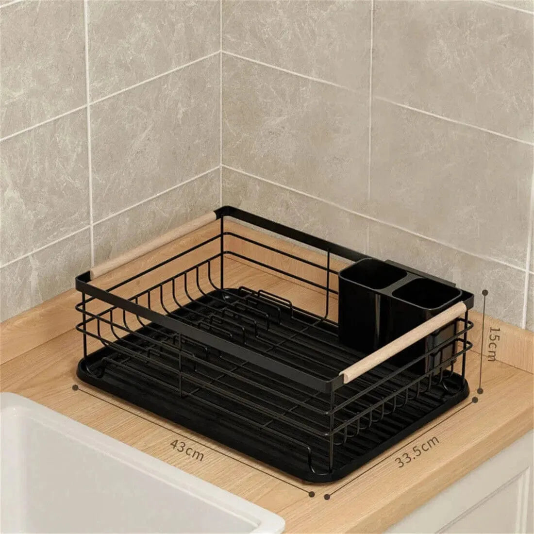 Black Dish Drainer Rack with Drip Tray, Cutlery Holder, and Large Capacity for Kitchen Sink - Mel Store