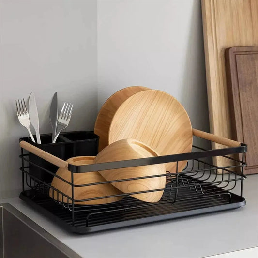 Black Dish Drainer Rack with Drip Tray, Cutlery Holder, and Large Capacity for Kitchen Sink - Mel Store