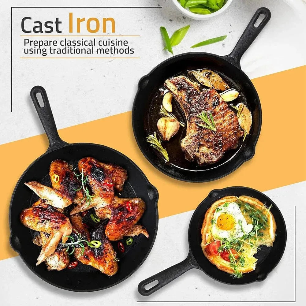 Set of 3 Pre-Seasoned Cast Iron Skillet Set - Non Stick Griddle Cooking Pan - Mel Store