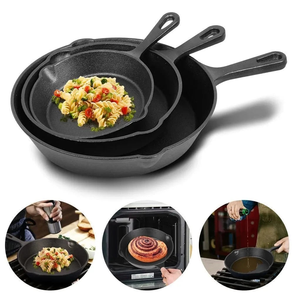 Set of 3 Pre-Seasoned Cast Iron Skillet Set - Non Stick Griddle Cooking Pan - Mel Store