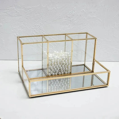 Glass Makeup Organizer With Golden - Mel Store