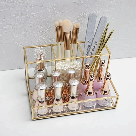 Glass Makeup Organizer With Golden - Mel Store