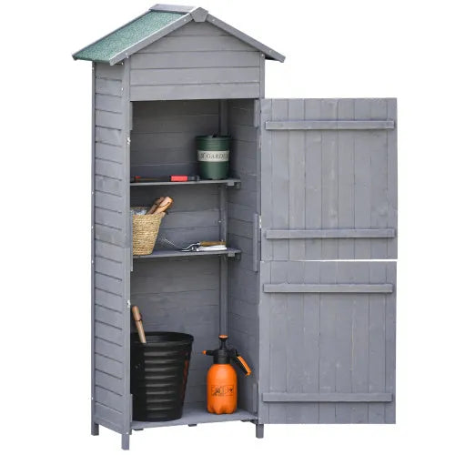 Wooden Garden Storage Shed Utility Gardener Cabinet W 3 Shelves, Tilted-felt Roof And Two Lockable Doors, 79cm X 49cm X 191.5cm, Dark Grey