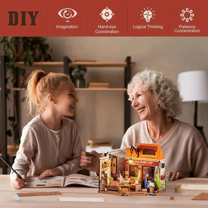 ROBOTIME Miniature House Kit - Corner Bookstore Wooden Dollhouse Model Building Kit with LED - Mel Store