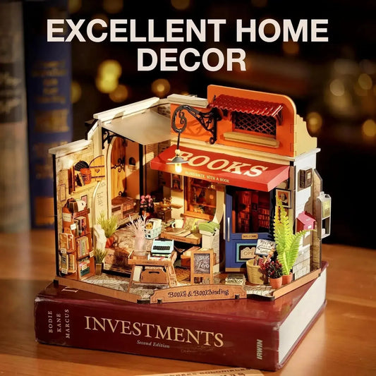 ROBOTIME Miniature House Kit - Corner Bookstore Wooden Dollhouse Model Building Kit with LED - Mel Store