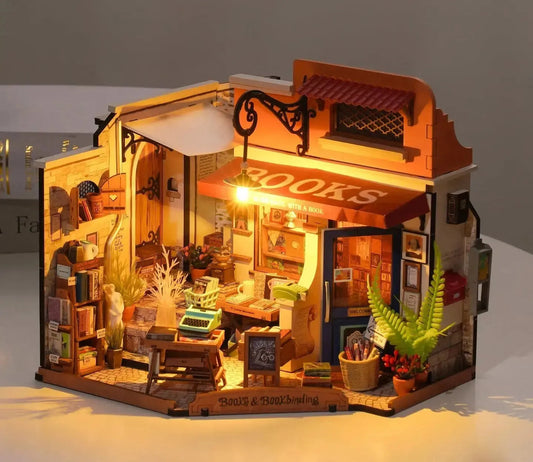 ROBOTIME Miniature House Kit - Corner Bookstore Wooden Dollhouse Model Building Kit with LED - Mel Store
