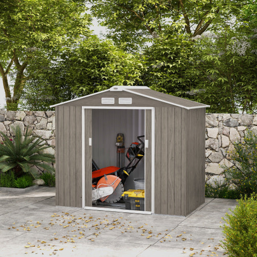7x4ft Metal Garden Storage Shed - Galvanised Outdoor Tool Shed with Ventilation Slots and Sliding Doors, Grey