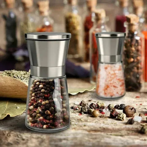 Pepper and Salt Grinder Set - 2x Adjustable Stainless Steel Mill Shakers for Coarse Grinding - Mel Store
