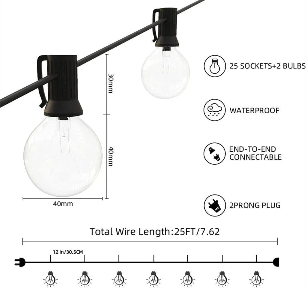 25-50FT Outdoor Festoon Lights Globe String Fairy Lights G40 Bulbs for Garden Wedding Home - Mel Store